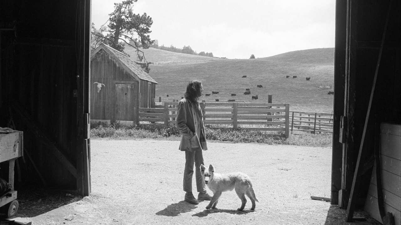 a man and a dog standing outside of a barn